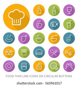 Set of Elegant Universal White Food Minimalistic Thin Line Icons on Circular Colored Buttons on Black Background
