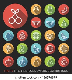 Set of Elegant Universal White Fruit Minimalistic Thin Line Icons on Circular Colored Buttons on Black Background.