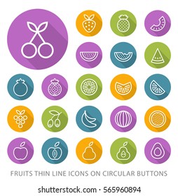 Set of Elegant Universal White Fruit Minimalistic Thin Line Icons on Circular Colored Buttons on White Background
