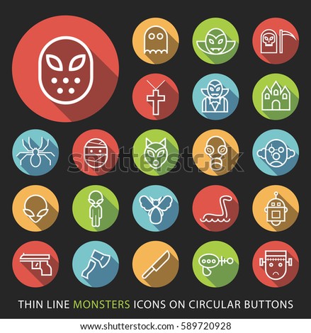 Set of Elegant Universal White Halloween Minimalistic Thin Line Icons on Circular Colored Buttons on Black Background 