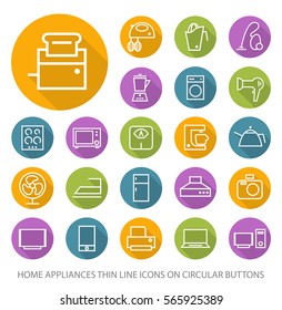 Set of Elegant Universal White Home Appliances Minimalistic Thin Line Icons on Circular Colored Buttons on White Background.