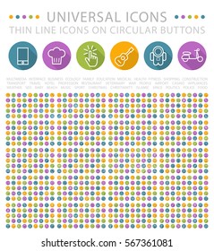 Set of Elegant Universal White Minimalist Thin Line Icons on Circular Colored Buttons on White Background.