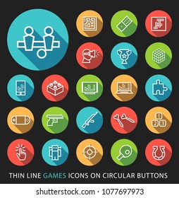 Set of Elegant Universal White Minimalistic Thin Line Games Icons on Circular Colored Buttons on Black Background