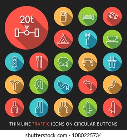 Set of Elegant Universal White Minimalistic Thin Line Traffic Icons on Circular Colored Buttons on Black Background 