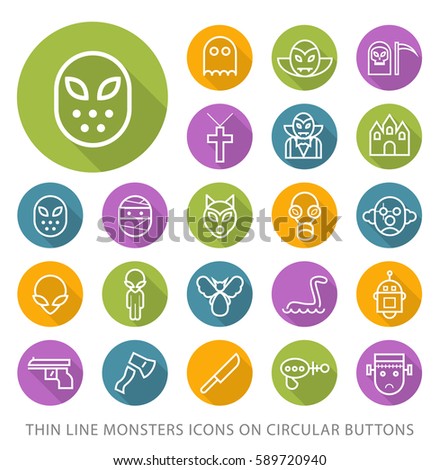 Set of Elegant Universal White Monsters Minimalistic Thin Line Icons on Circular Colored Buttons on White Background 