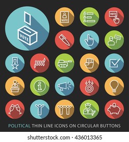 Set of Elegant Universal White Politics Minimalistic Thin Line Icons on Circular Colored Buttons on Black Background.