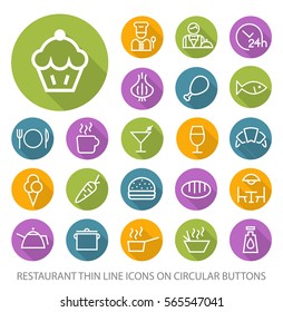 Set of Elegant Universal White Restaurant Minimalistic Thin Line Icons on Circular Colored Buttons on White Background.