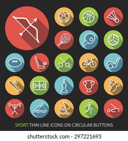 Set of Elegant Universal White Sport Minimalistic Simple Isolated Thin Line Icons on Circular Colored Buttons on Black Background.