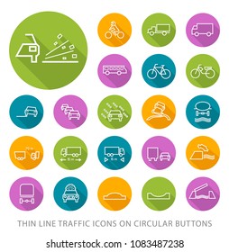 Set of Elegant Universal White Traffic Minimalistic Thin Line Icons on Circular Colored Buttons on White Background