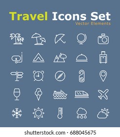 Set of Elegant Universal White Travel Minimalistic Thin Line Icons on Blue Background . Isolated Vector Elements