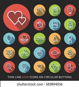 Set of Elegant Universal White Valentine's Day Minimalistic Thin Line Icons on Circular Colored Buttons on Black Background