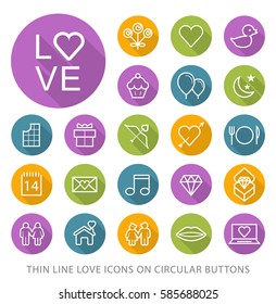 Set of Elegant Universal White Valentine's Day Minimalistic Thin Line Icons on Circular Colored Buttons on White Background