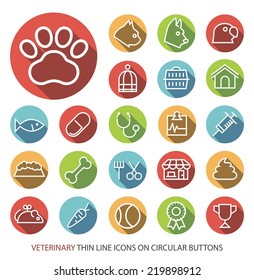 Set of Elegant Universal White Veterinary Minimalistic Thin Line Icons on Circular Colored Buttons on White Background.