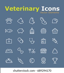 Set of Elegant Universal White Veterinary Minimalistic Thin Line Icons on Blue Background . Isolated Vector Elements