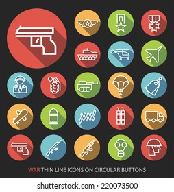Set of Elegant Universal White War Minimalistic Thin Line Icons on Circular Colored Buttons on Black Background.