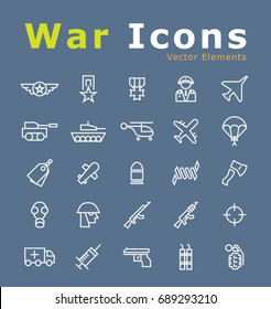 Set of Elegant Universal White War Minimalistic Thin Line Icons on Blue Background . Isolated Vector Elements