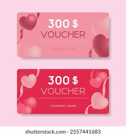 Set of elegant Valentine's Day gift certificates with hearts and ribbons. Festive romantic template for holiday gift card. Vector.