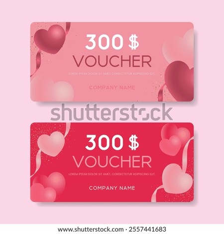 Set of elegant Valentine's Day gift certificates with hearts and ribbons. Festive romantic template for holiday gift card. Vector.
