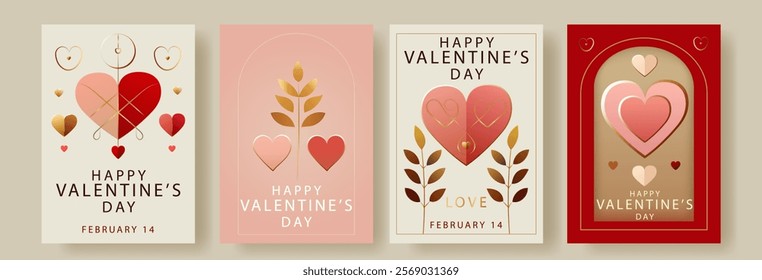 Set of Elegant Valentine's Day Greeting Cards Featuring Golden Elements, Heart Motifs, and Minimalistic Modern Design in Warm Shades of Red, Pink, and Gold for February 14 Celebration and Romantic 