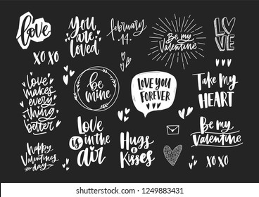 Set of elegant Valentine's day letterings, romantic phrases, quotes and holiday wishes decorated by hearts isolated on black background. Monochrome festive vector illustration for 14th of February.