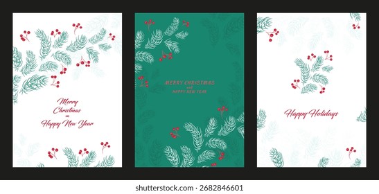 Conjunto de modelos de Natal vetor elegante com ramos de pinho, bagas de azevinho e tipografia festiva. Modelo para cartões comemorativos de feriado, convites, cartazes e design sazonal
