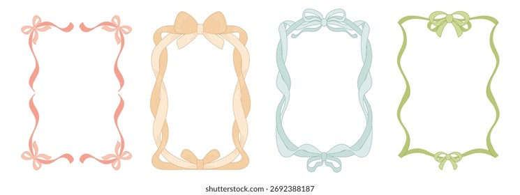 Set of elegant vector ribbon frames with bows in pastel colors. Decorative design elements for greeting cards, invitations, and scrapbooking.