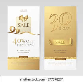 Set of elegant vertical banners with paper shopping bag, golden bow and ribbons. Vector templates for promotion design on the website with gold and white background. Isolated from the background.