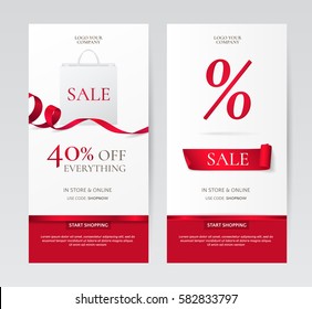 Set of elegant vertical banners with paper shopping bag and red ribbons. Vector templates for discounts offers on the website. Isolated from the background.