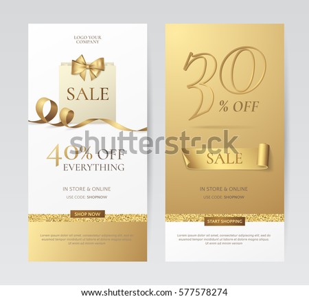 Set of elegant vertical banners with paper shopping bag, golden bow and ribbons. Vector templates for promotion design on the website with gold and white background. Isolated from the background.