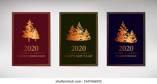 Set of elegant vertical Christmas and New Year designs with golden hand drawn Christmas tree on dark blue background. Vector illustration for banner, greeting card, cover, etc