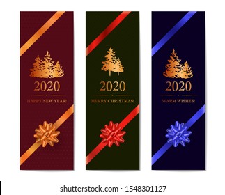 Set of elegant vertical Christmas and New Year designs with knotted bow on dark blue background. Vector illustration for banner, greeting card, cover, etc 