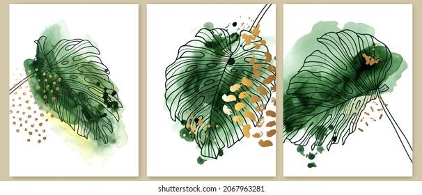 Set of elegant vertical watercolor exotic wallpapers, posters, wall art, cards, covers design. Monstera leaves, green watercolor blots, golden foil splatters, grunge textures. 