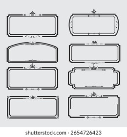 Set of elegant vintage black frame borders with crown and floral ornaments. Perfect for labels, invitations, certificates, luxury branding, and retro design templates