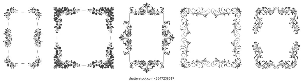 Set elegant vintage floral baroque decorative ornamental frames border corner isolated on transparent background
