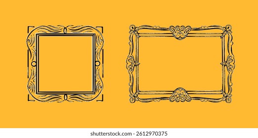 Set of elegant vintage frames in hand-drawn style. Includes floral wreaths, ornate baroque borders, and classic decorative templates. Perfect for invitations, labels, certificates, postcards,