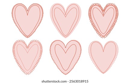 Set of Elegant Vintage Frames Hearts for greeting cards, wedding and birthday party. Whimsical Borders. Cute line coquette romantic vector illustration. 