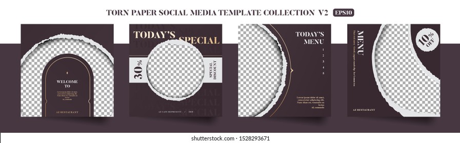 Set Of Elegant Vintage Luxury Restaurant Culinary Social Media Post Template, Promo, Discount, Sale, Realistic Torn Paper Style