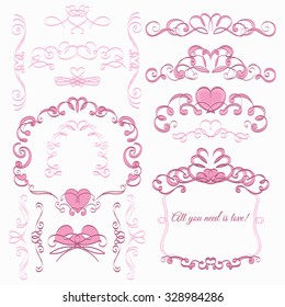 Set of elegant vintage pink swirl hearts