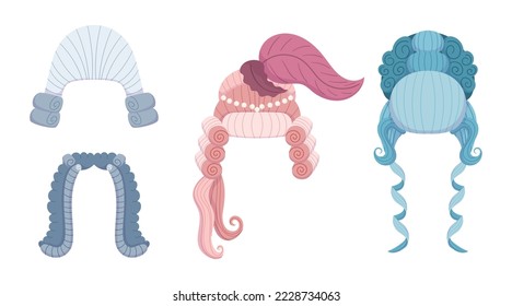 Conjunto de elegantes pelucas rococó de época aisladas en un fondo blanco. Moda Vintage europea, elementos de vestuario del siglo XVIII. Periodos renacentistas y Peruke para hombres y mujeres. Ilustración del vector de dibujos animados