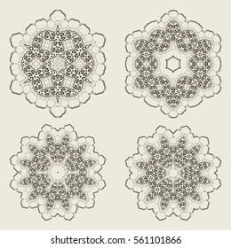 Set of elegant vintage round elements. Mandala style. For business card, monogram, poster, logo, postcards, design, pattern. Vector illustration.