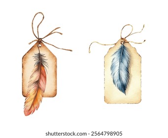 Set of elegant vintage tags decorated with feathers. Watercolor cardboard tags on a bow with bird feathers. Vintage elements for decoration, invitations, gifts, etc. Vector illustration.