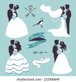 Set of elegant wedding couples in silhouette, ribbons and other graphic elements 