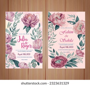 Set of elegant wedding invitation templates with watercolor, leaves, glitter, frame, and border. Floral decoration vector for save the date, greeting, thank you, rsvp, etc

