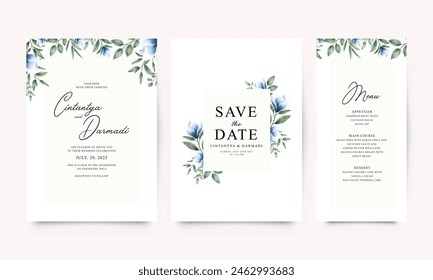 Set of elegant wedding invitation templates with blue flowers