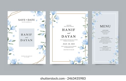 Conjunto de elegantes Plantillas de invitación de boda con acuarela floral azul