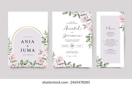 Set of elegant wedding invitation templates with purple flowers and green leaves