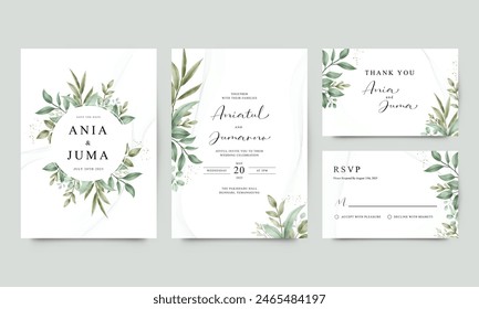 Set of elegant wedding invitation templates with green leaves