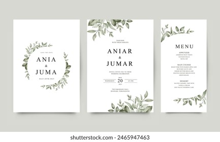 Set of elegant wedding invitation templates with greenery watercolor