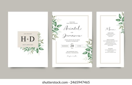 Set von eleganten Hochzeitseinladungs-Vorlagen mit grünen Blättern