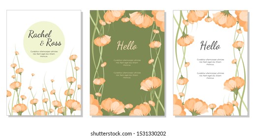 A set of elegant wedding invitations. Beautiful card in pastel colors, peach, pale green, orange. Vignette and border of marigold and calendula flowers. Floral art decoration.